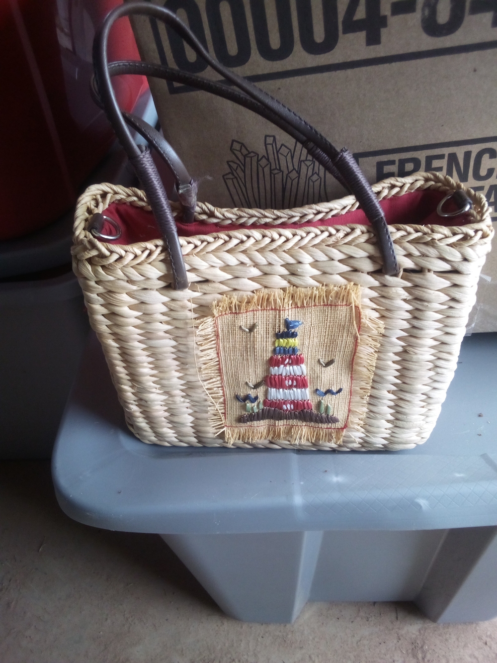 Woven Straw Tote with Red Lining and Embroidered Lighthouse